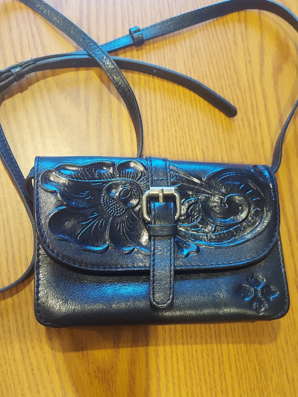 Patricia Nash Black Tooled Leather Floral Crossbody with Buckle Accent